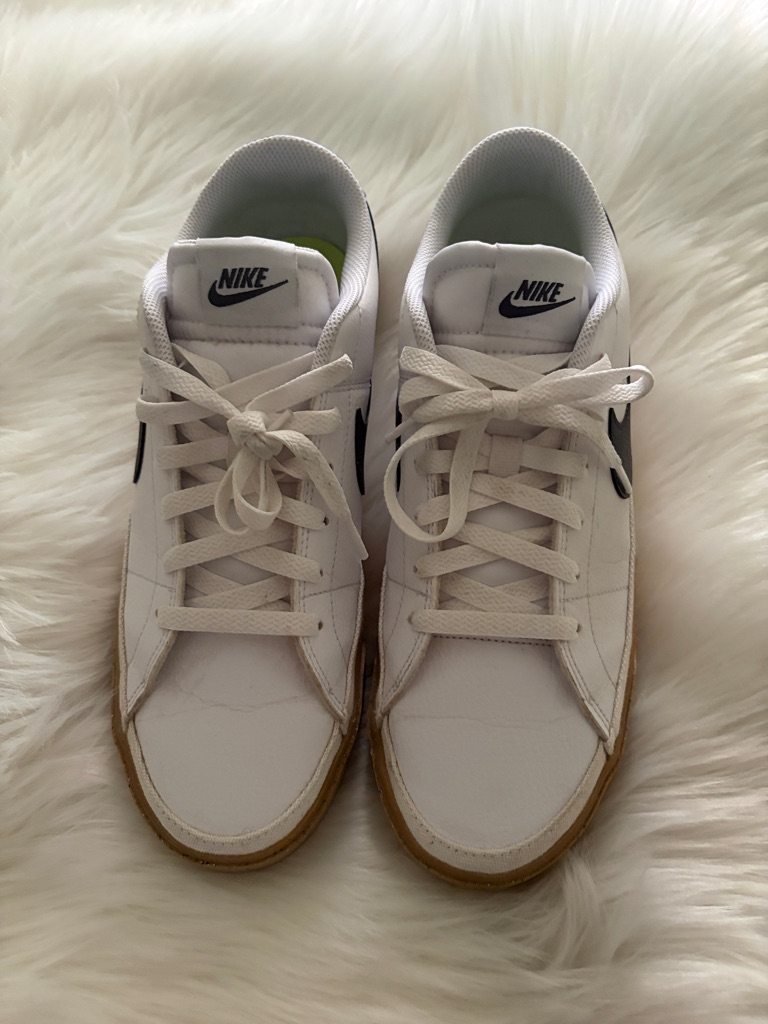 Nike White Sneakers With Black Swoosh And Gum Sole